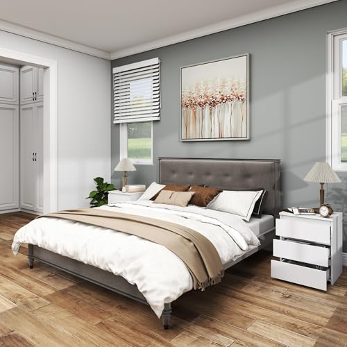 Modern Nightstand Bedside Table with 3 Drawers, End Table Sofa Side Table with Cut-Out Handle for Bedroom (1, White) Panana