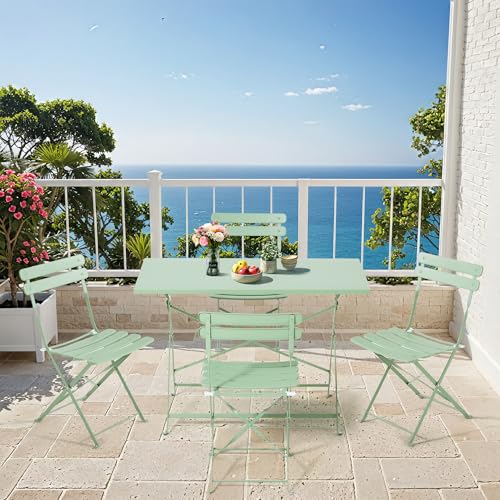 MELLCOM 5-Piece Foldable Patio Dining Set with Rectangular Table and Chairs, Weather-Resistant Iron Outdoor Dining Set for 4 People, Outdoor Table and Chairs for Patio, Yard, Indoor, Green MELLCOM