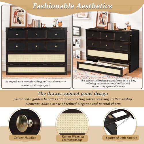 Merax Farmhouse Wood Murphy Bed Chest, Foldable Wall Platform Bed with Storage Drawer/Space Saving/Wood Slat Support/Full, Espresso +Natural