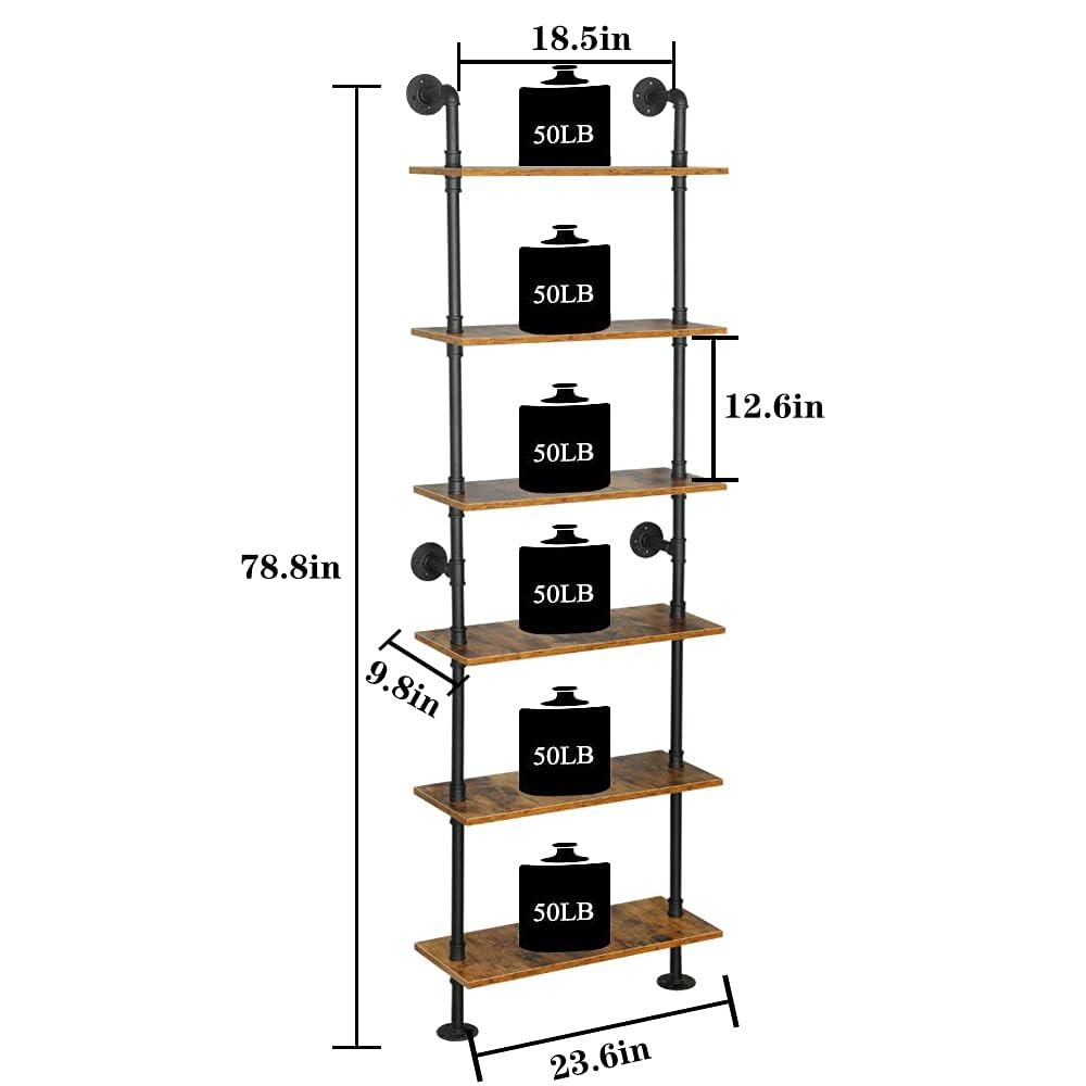 ZIOTHUM 6-Tier Industrial Pipe Shelves Shelf Shelving Rustic Wood Metal Wrought Iron Ladder Bookcase Bookshelf Wall Mounted Mount DIY Loft Vintage Floating Hanging Storage Display (23.6x9.8x78.7”) ZIOTHUM
