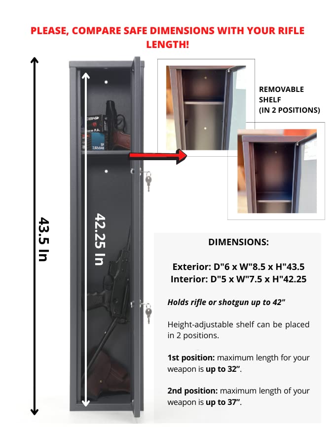 Buffalo 1115 Gun Rifle (32.5"-42") Safe Storage Cabinet Key Lock with Separate Shelf for Handguns Ammo SK New Interiors