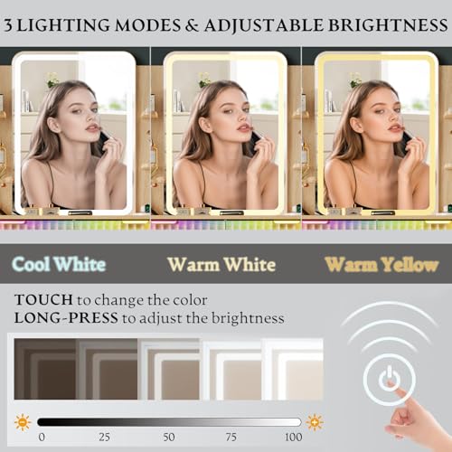 Vanity Desk with LED Lights Mirror & Power Outlet, Small Makeup Vanity Table Set with Storage Drawers & Chair, 3 Lighting Modes & Adjustable Brightness, Dressing Table for Women Girls Bedroom, Oak Xixini