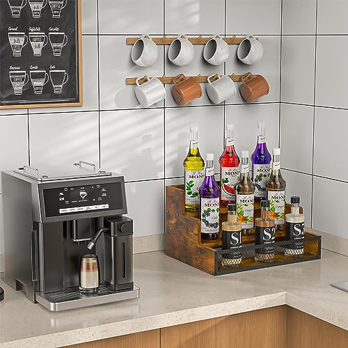 3 Step Countertop Liquor Bottle Display Shelf, Wood Bar Shelves 12 Bottles with Fences, Freestanding Storage Shelves for Liquor Whiskey Wine Coffee Syrup Display, Retro Wine Rack Home (Patent Pending) Yuzehuaza