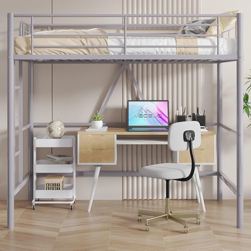 VECELO Metal Loft Bed Twin Size with Removable Ladder and Safety Guardrail, No Box Spring Needed, Space Saving, Noise Free, Grey VECELO