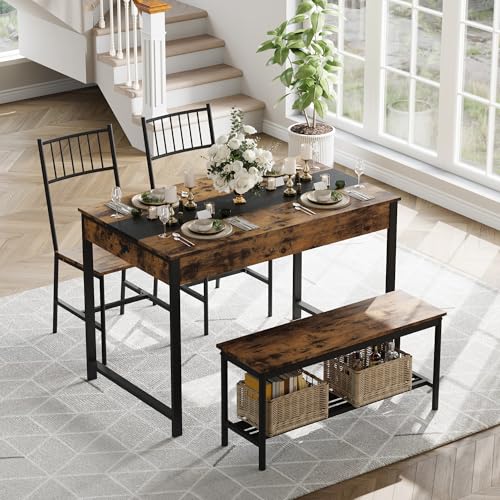 IDEALHOUSE Dining Table Set for 4, Small Kitchen Table and 2 Chairs for 4 with Bench, Breakfast Nook Rectangular Farmhouse Table Set, Space Saving Kitchen Table Set with Storage Drawers, Retro Brown IDEALHOUSE
