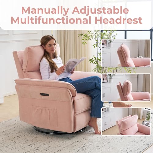 Rhevoy Oversized Power Recliner Chair Swivel Glider with Massage and Heat, Rocker Nursery Recliner for Adults with Adjustable Headrest, 26" Extra Wide Nursery Chair with Overstuffed Armrest,Pink