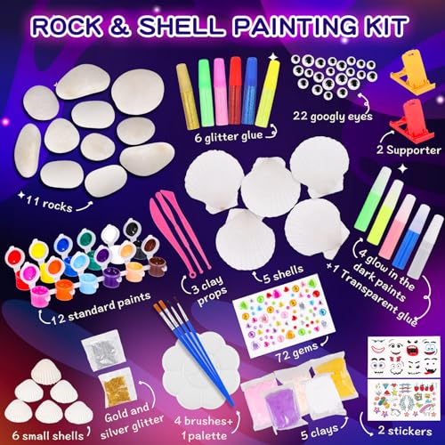 Max Fun Sea Shell & Rock Painting Kit, 2 ON 1 Glow in The Dark DIY Halloween Arts & Crafts Gifts for Kids Ages 4-12, Craft Activities Kits Creative Art Paint Toys for Boys Girls Birthday Party Gifts Max Fun