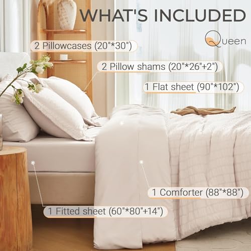 MUXHOMO 7 Pieces Queen Comforter Set, Seersucker Bed in a Bag Queen Size, All Season Luxury Bedding Set with Comforter, Flat Sheet, Fitted Sheet, Pillowcases & Shams, Beige MUXHOMO