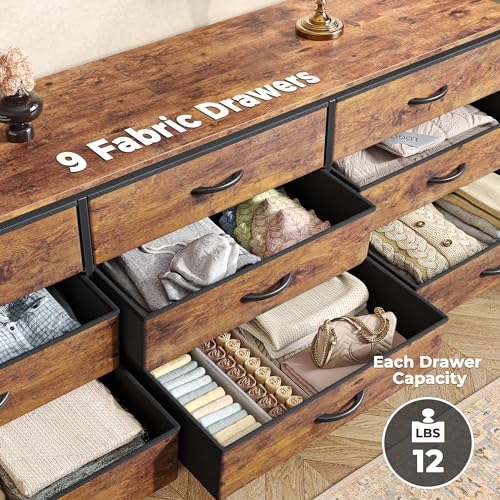 Huuger 9 Drawer Dresser, 63 Inch Dresser TV Stand for 55, 65, 70 Inch TV, Entertainment Center with Drawers, Large Long Fabric Dresser for Bedroom, Closet, Rustic Brown Huuger