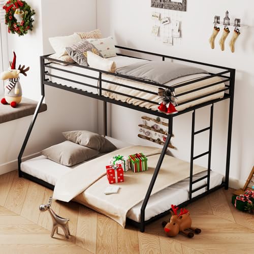 Kiivakii Twin Over Full Bunk Bed, Metal Bunkbed with Side Ladder, Low Profile, Full Length Upper Bed, Sturdy Metal Frame Support, No Box Spring Needed, Noiseless, Black Kiivakii