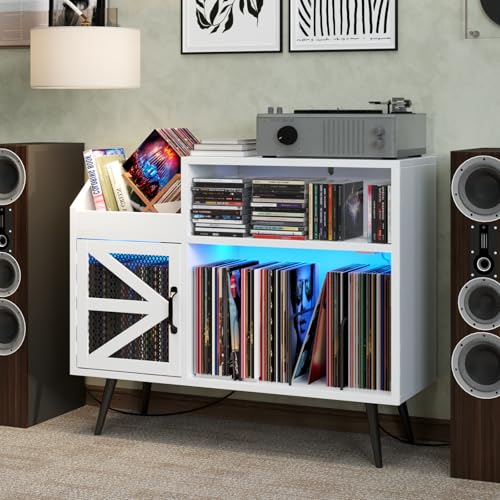 MULEJYBO Large White Record Player Stand with Magnetic Door,350 Vinyl Record Storage Cabinet, Record Player Table with Power Outlet & LED Light,Turntable Stand with Wood Legs for Living Room,Office MULEJYBO