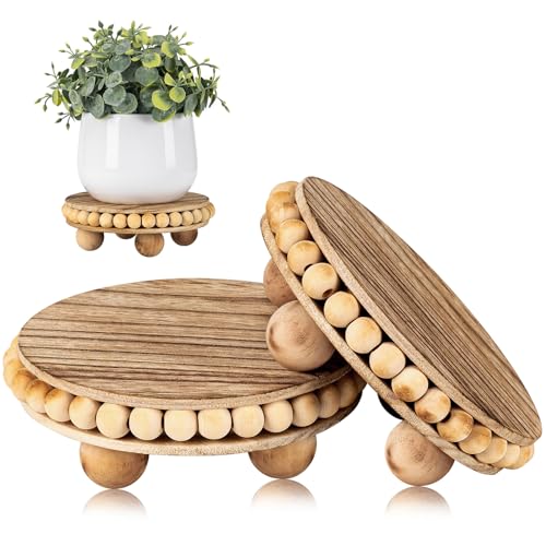 HouseJoy 2Pcs Wood Risers for Display Decorative,Round Beaded Riser Distressed for Decor ,Wooden Farmhouse Coasters Mini Cake Stand Plant Stand,Rustic Pedestal Stand Decor Display Risers for Tiered HouseJoy
