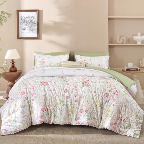 Yiran 7 Piece Pink Green Floral Comforter Set King Size, Cute Botanical Comforters Lightweight Coquette Bedding Set Flower Bed in a Bag Soft Farmhouse Bedding Set with Sheets for Women Yiran
