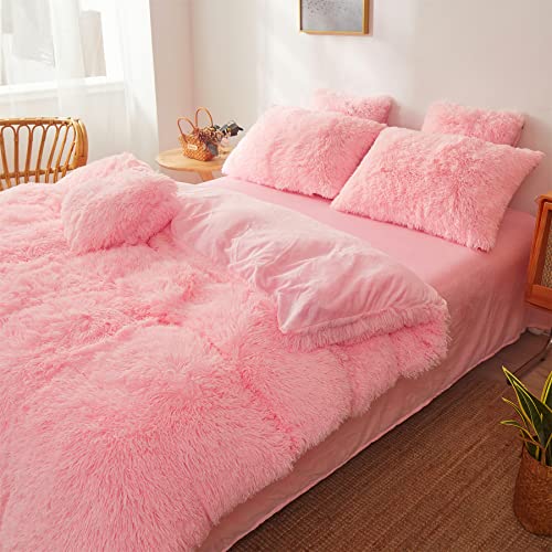 FOPPA Fluffy comforters Cover Twin Size - Ultra Soft Plush Pink Bedding Sets 2 Pieces (1 Faux Fur Comforter Cover + 1 Fuzzy Pillow case) Girls Shaggy Pink Twin Bed Set (Light Pink, Twin) FOPPA