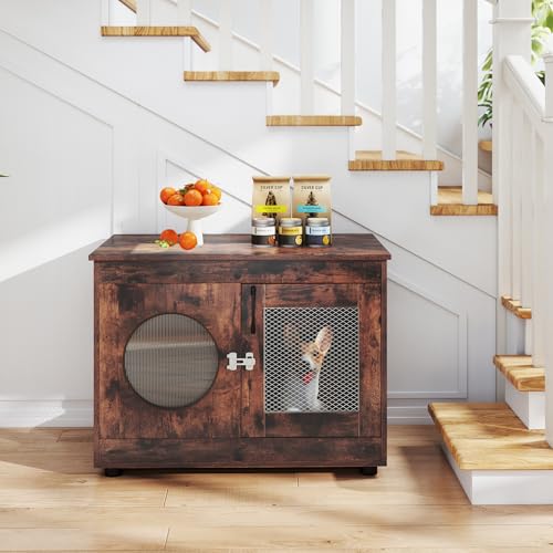 PETSITE 32.5 Inches Wooden Dog Crate Furniture, Decorative Industrial Indoor Dog Kennel Cage with Translucent Window, and Lockable Door, Pet House End Table Ideal for Small and Medium Dogs PETSITE