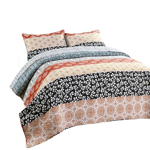 Lush Decor Bohemian Stripe Reversible Cotton Quilt Set, 3 Piece Set, King, Turquoise & Orange - Striped Bedding Set - Blue Quilt King Size - Boho Decor Lush Decor