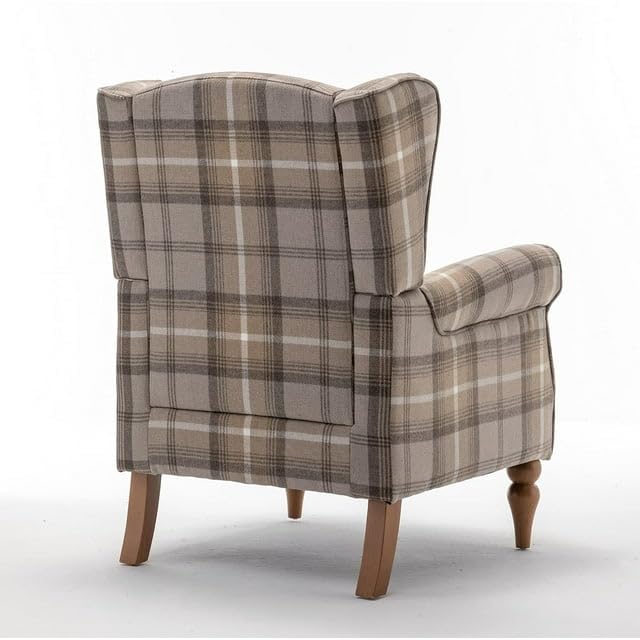 PATIOPTION Modern Accent Chair with Retro Wood Legs, Comfy Upholstered Armchair,Tantan Check Design Single Sofa Chair for Living Room Bedroom Office - Natural PATIOPTION