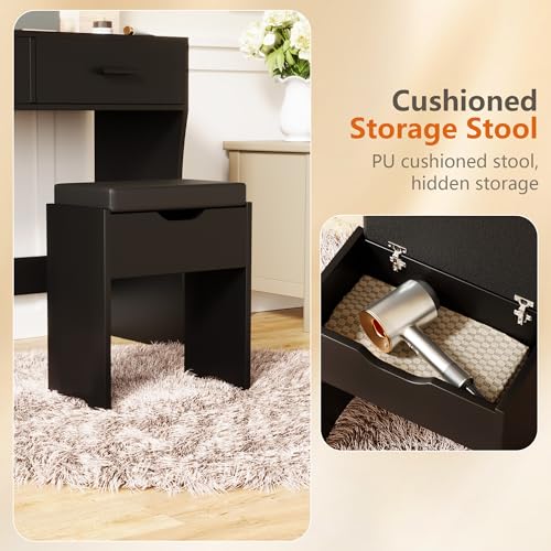 YESHOMY Makeup Vanity Desk with Large Lighted Mirror,35.4 Inch Makeup Vanity Table with 2 Drawers,Soft-Padded Storage Stool,3 Lighting Modes Available, Suitable for Bedrooms(Black) YESHOMY