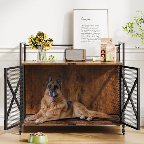 41 Inch Dog Crate Furniture, Heavy Duty Dog Kennel Table with 360° Swivel Wheels, Double Doors, 4 Latches, Vintage Farmhouse Dog House End Table for Large, Medium and Small Dogs, Brown Hipicute