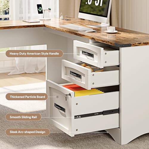 Decofy L Shaped Farmhouse Executive Desk with Drawers, 67" Home Office Desks with Fast Charging Station, Lockable File Cabinet, Wood Writing Computer Desk for Work, Study, White Decofy