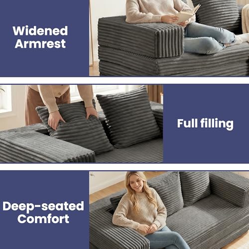 Winzoo Convertible Sofa Bed Couch, 78’’ Oversized 4-in-1 Boneless Couches with Removable Armrests Backrest, Corduroy Futon Sofa Bed, Foldable Mattress Sleeper Sofa for Living Room Bedroom (Grey) Winzoo