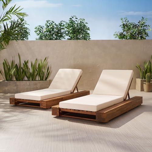 Christopher Knight Home Tory Acacia Wood Chaise Lounge Chair Outdoor Set of 2, Adjustable Backrest Sun Lounger Recliner, Patio Outdoor Chaise Lounge with 4" Thick Water-Resistant Cushions, Teak+Cream