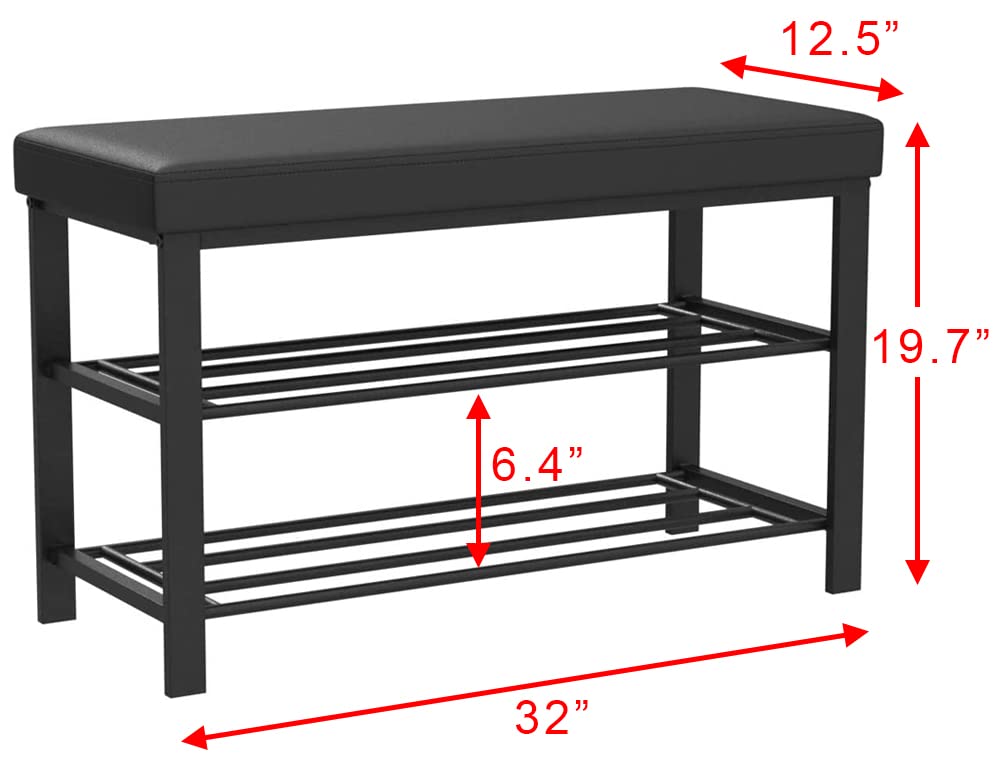 Finnhomy Entryway Shoe Rack with Cushioned Seat, Shoe Bench for Entry, 2 Shelves Storage Bench w/Faux Leather Top Bed Bench, Black Finnhomy
