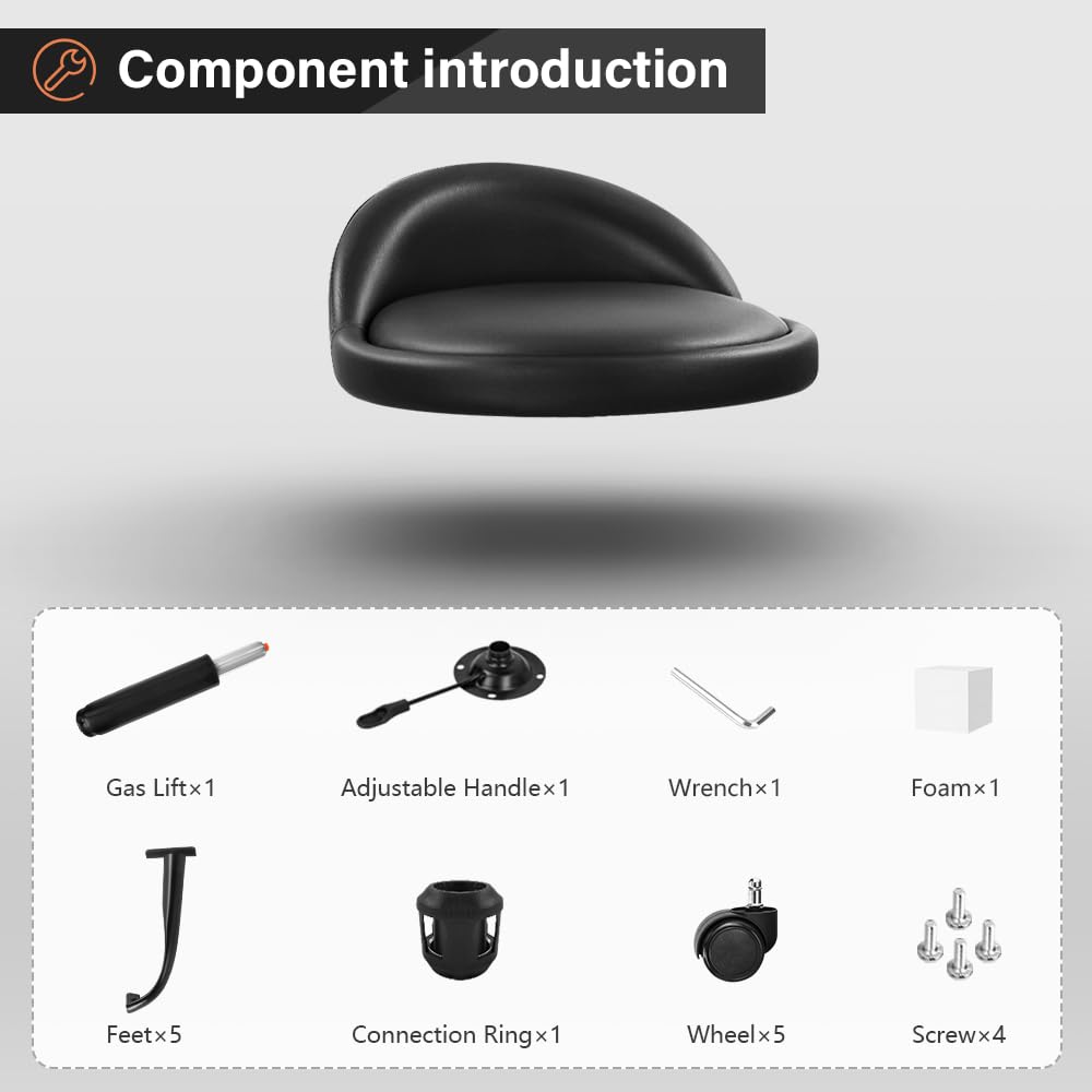 KKTONER Rolling Stool with BackRest Height Adjustable Round Chair with Wheels Swivel Drafting Work PU Leather stools Small (Black) KKTONER