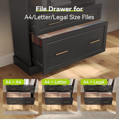 LITTLE TREE 72" Tall Black Bookcase, 5-Tier Office Bookself with File Cabinet Drawers,Modern Floor Standing Storage Filing Cabinet Book Shelf for Living Room,Bedroom LITTLE TREE