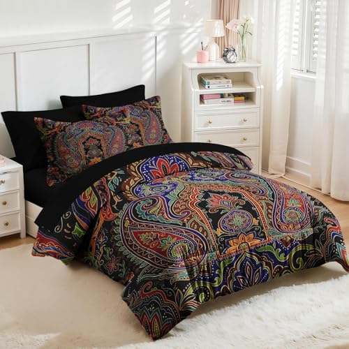 Nesker 5 Pcs Comforter Set Twin Size, Paisley Boho Plant Bedding Set for Kids and Adults, Bohemian Retro Floral Bed Sheet Sets with Fitted Sheet Pillowcases & Shams Nesker