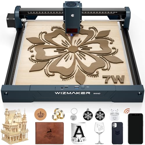 Wizmaker Wand Laser Engraver, 7W Output Power Engraver, 300x300mm Processing Area, 10000 mm/min Processing Speed, Suitable for Processing Wood, Leather, Coated Metal, Acrylic WIZMAKER