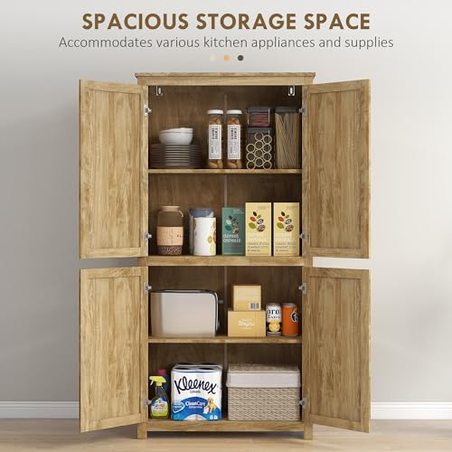 HOMCOM 64" Kitchen Pantry Storage Cabinet, Freestanding Kitchen Cabinet with 4 Rattan Doors, 4 Tier Shelves and Adjustable Shelf, Natural HOMCOM