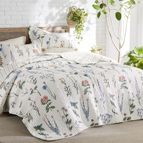 Bedsure Floral Quilt King Size - Reversible White Floral Comforter, Spring Lightweight Bedspread Quilt Bedding, Soft Microfiber Coverlet for All Seasons (106"x96") Bedsure