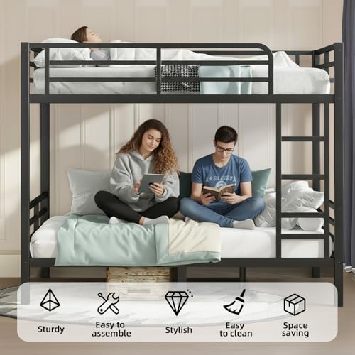 XUWANSHANG Full Over Full Bunk Bed Frame, Heavy Duty Metal Loft Bed for Adults/Teens, 350/500LB Capacity w/Ladder & Guardrail, Noise-Free Steel Slats, No Box Spring Required, Black XUWANSHANG