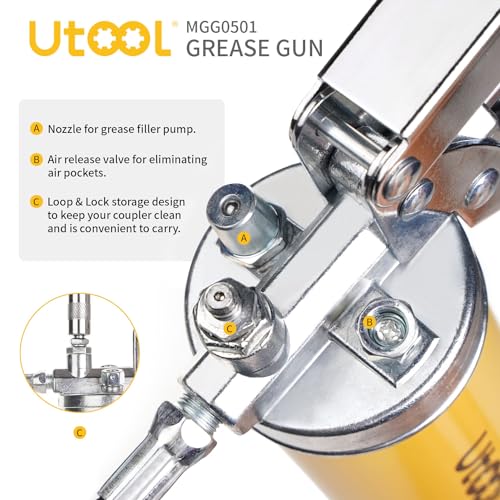 UTOOL Grease Gun, 8000 PSI Heavy Duty Pistol Grip Grease Gun Kit with 14 oz Capacity, 18 Inch Resin Flex Hose, 1 Patented Double Handle Coupler, 1 Basic Coupler UTOOL