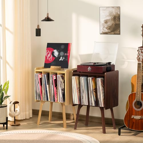 LELELINKY Small Record Player Stand - Width 11.7 in, Walnut Vinyl Record Storage Table with 4 Cabinet Up to 80 Albums, Vinyl Holder with Wood Legs,Turntable Stand Display Shelf for Bedroom Living Room LELELINKY