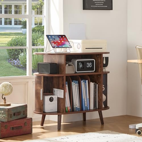 LELELINKY Large Round Record Player Stand with Charging Station & Fluted Panel, Brown Mid Century Modern Turntable Cabinet with Vinyl Storage, Arched Wood Record Player Table for Living Room LELELINKY