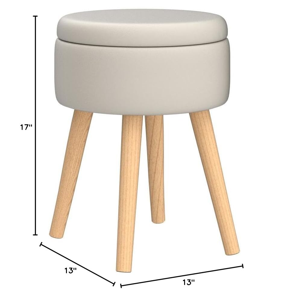 Mxfurhawa Storage Ottoman Linen Round Vanity Stool Tray Top Modern Foot Stool with Wood Legs Multifunctional Upholstered Foot Ottoman Rest for Living Room, Bathroom, Makeup (White) Mxfurhawa