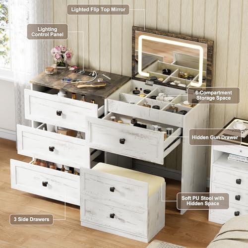 Gurexl 3-in-1 Vanity Desk with Flip Top Mirror and Lights, Makeup Dressing Table with Gun Drawer and Charging Station, Bedroom Dresser Vanity with Chair and Hidden Storage (Antique White) Gurexl
