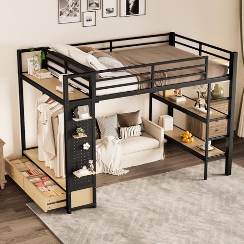 Bellemave Full Size loft Bed with Wardrobe and Storage Shelves and Pegboard Drawers, Metal Full Loft Bed Frame for Adults, Kids, Teens, Black Bellemave
