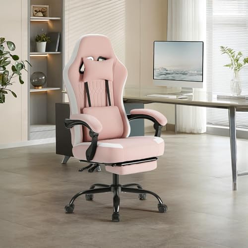 Sweetcrispy Computer Gaming Chair - High Back Ergonomic Desk Chair with Footrest and Lumbar Support, Height Adjustable Task Chair with Linkage Armrests and Headrest, 360° Swivel Wheels, Pink Sweetcrispy
