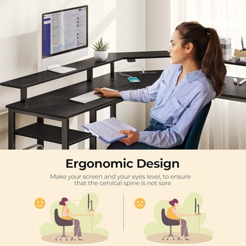 Rolanstar L Shaped Gaming Desk with LED Lights & Power Outlets, 46.2" Computer Desk with Full Monitor Stand & Storage Shelf, Corner Desk with Hooks, Black Desk Reversible Rolanstar