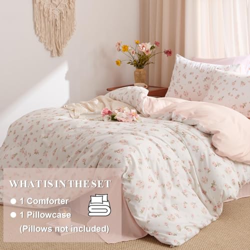 Erwinmu Floral Comforter Set Twin Size - 2 Pieces Pink White Floral Comforter Bedding Sets Reversible Pattern,Twin Bed in a Bag with Flowers Comforter and 1 Pillowcase Erwinmu