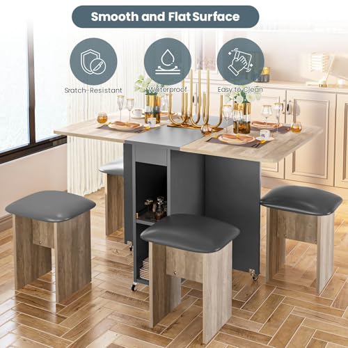 Lamerge Folding Dining Table Set for 4, Dinner Table with 4 Leather Chairs and Shelves, Space Saving Foldable Dining Table with 6 Wheels, Kitchen Table Set for Small Spaces (Grey) Lamerge