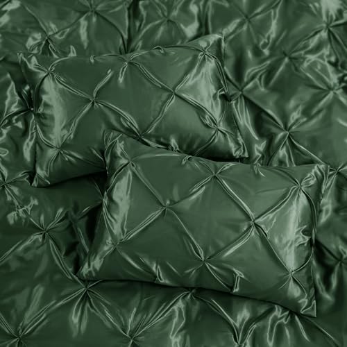 P Pothuiny 5 Pieces Satin Pintuck Duvet Cover Set, Silky Like Olive Green Pinch Pleat Duvet Cover Full/Queen Size Luxury Bedding Set with Corner Ties, 2 Pillow Shams + 2 Pillowcases (No Comforter) P Pothuiny