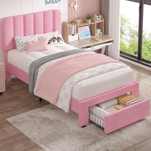 VECELO Twin Size Upholstered Bed Frame with 4 Drawers and Headboard, Velvet Platform Storage Bedframe, Wooden Slats Support, No Box Spring Needed,Pink VECELO