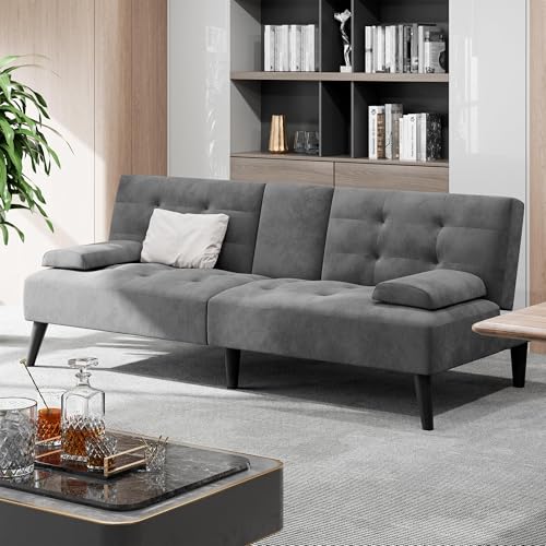 Shintenchi Futon Sofa Bed, Velvet Foldable Couch, Reclining Sleeper with Removable Armrests, Upholstered Loveseat Sofa Couch with Folding Cup Holders for Home, Office, Dark Gray Shintenchi