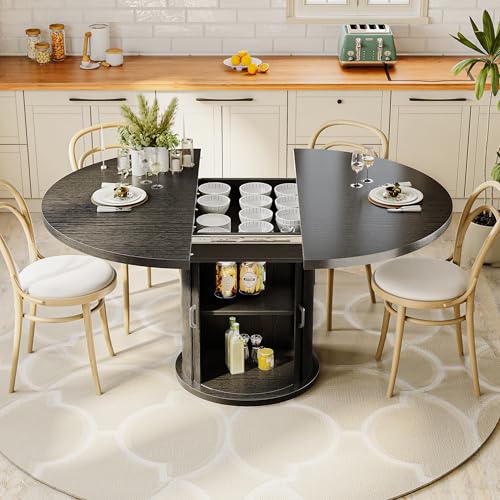 CABZOON 47-63in Extendable Round Dining Table for 4-8 Modern Round Kitchen Table Circle Dining Table with 2-Tier Storage Shelf, Space Saving Expandable Wood Oval for Living Room Walnut Black CABZOON