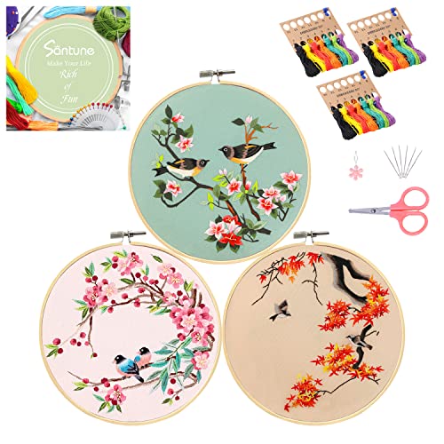 Santune 3 Pack Embroidery Kit for Adults Cross Stitch Kits for Beginners with Bird Patterns,3 Instructions,1 Hoop,Threads and 6 Needles,Hand Needlepoint Sets for Women