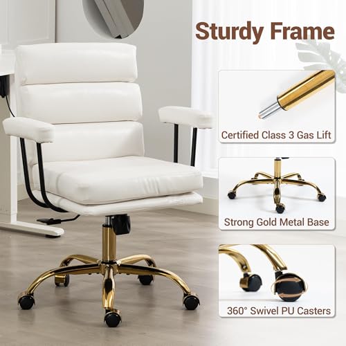 WiNVO Faux Leather Home Office Desk Chair, Gold Base Makeup Vanity Chair with Wheels, Padded Seat and Armrests, Adjustable Height Swivel Executive Computer Chair, White WiNVO